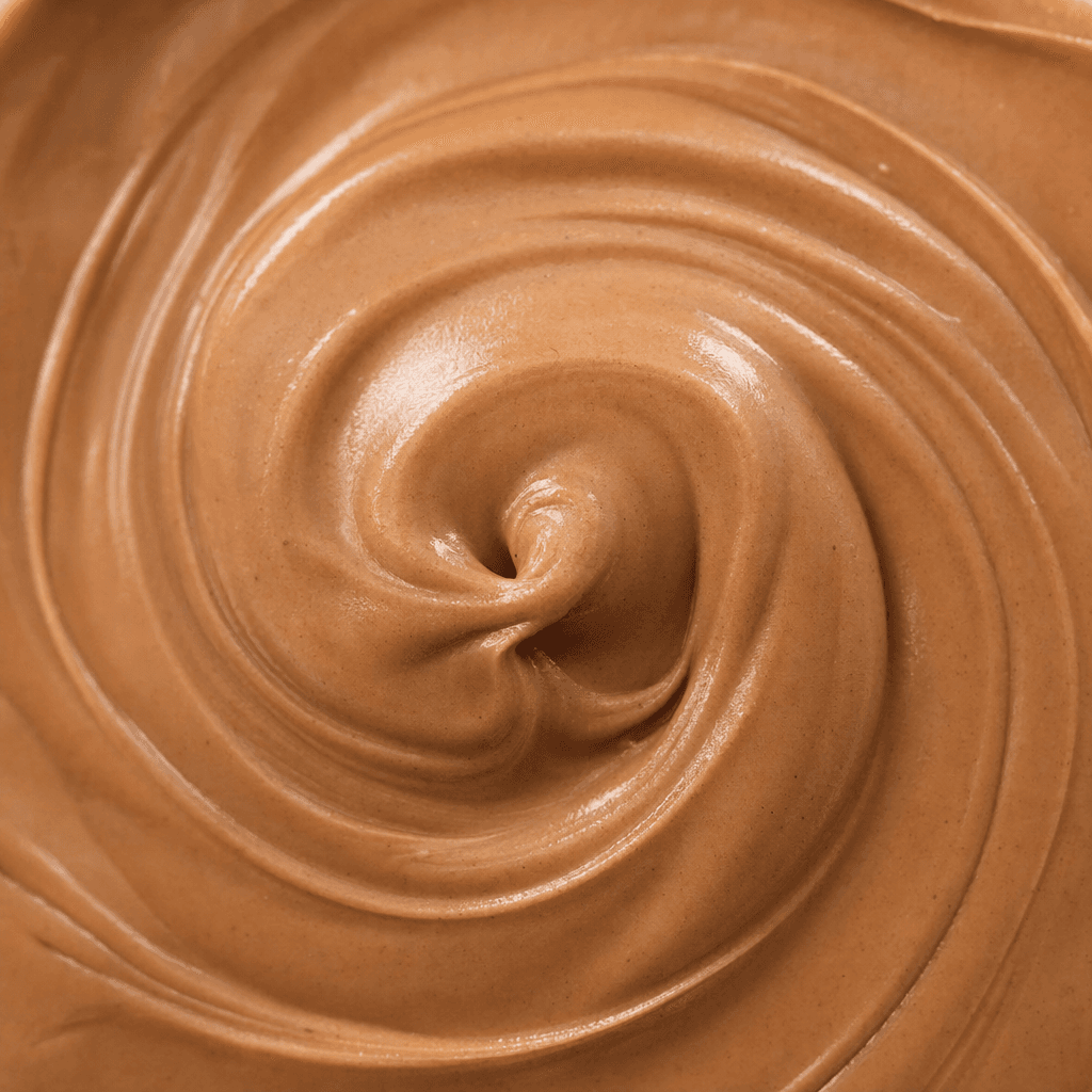 A thick, smooth, light-brown hazelnut cream sits in a soft swirl with a slight sheen.