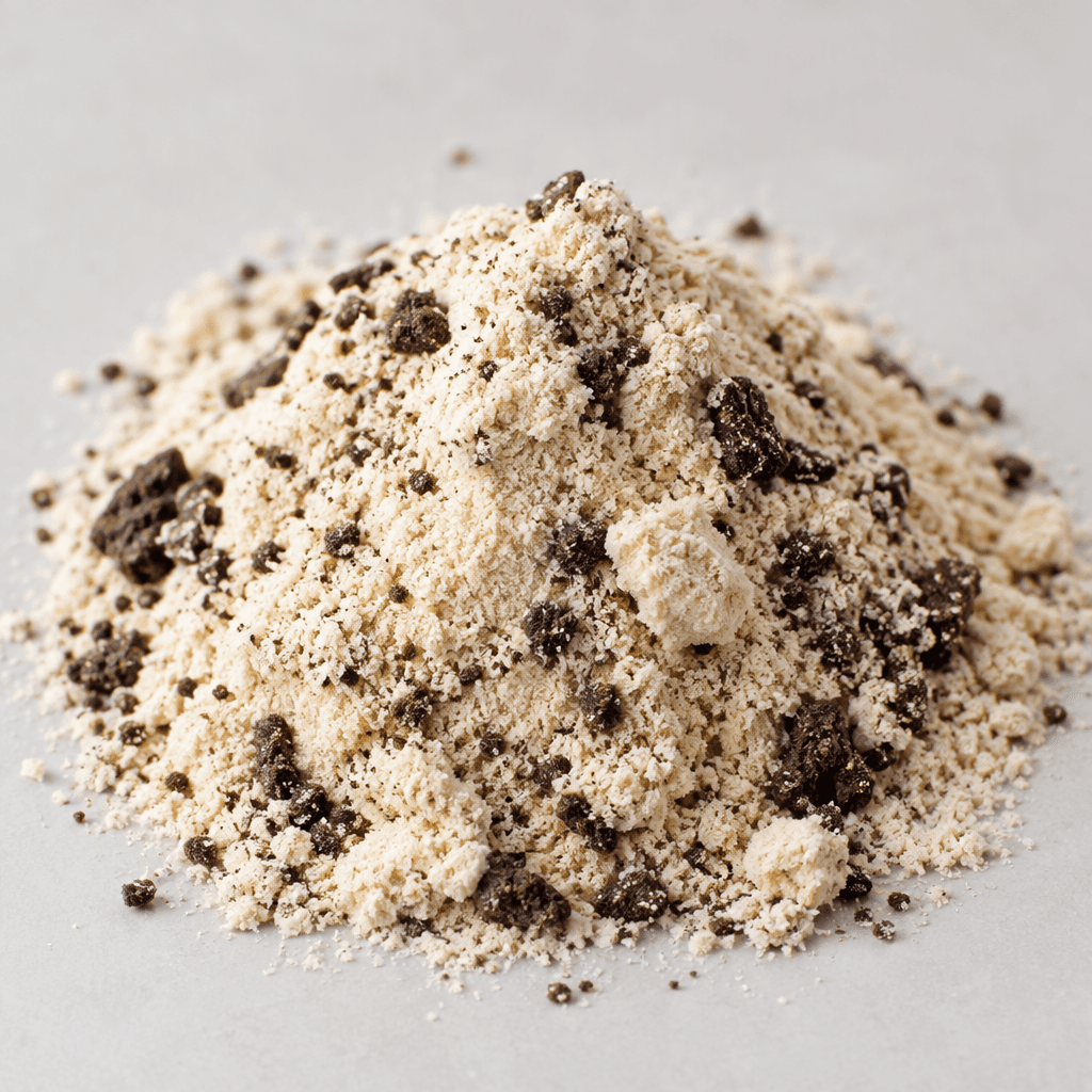 İnce ve kuru dokulu, açık krem renkli protein tozu; içine dağılmış koyu kahverengi bisküvi kırıntılarıyla küçük bir yığın hâlinde duruyor.