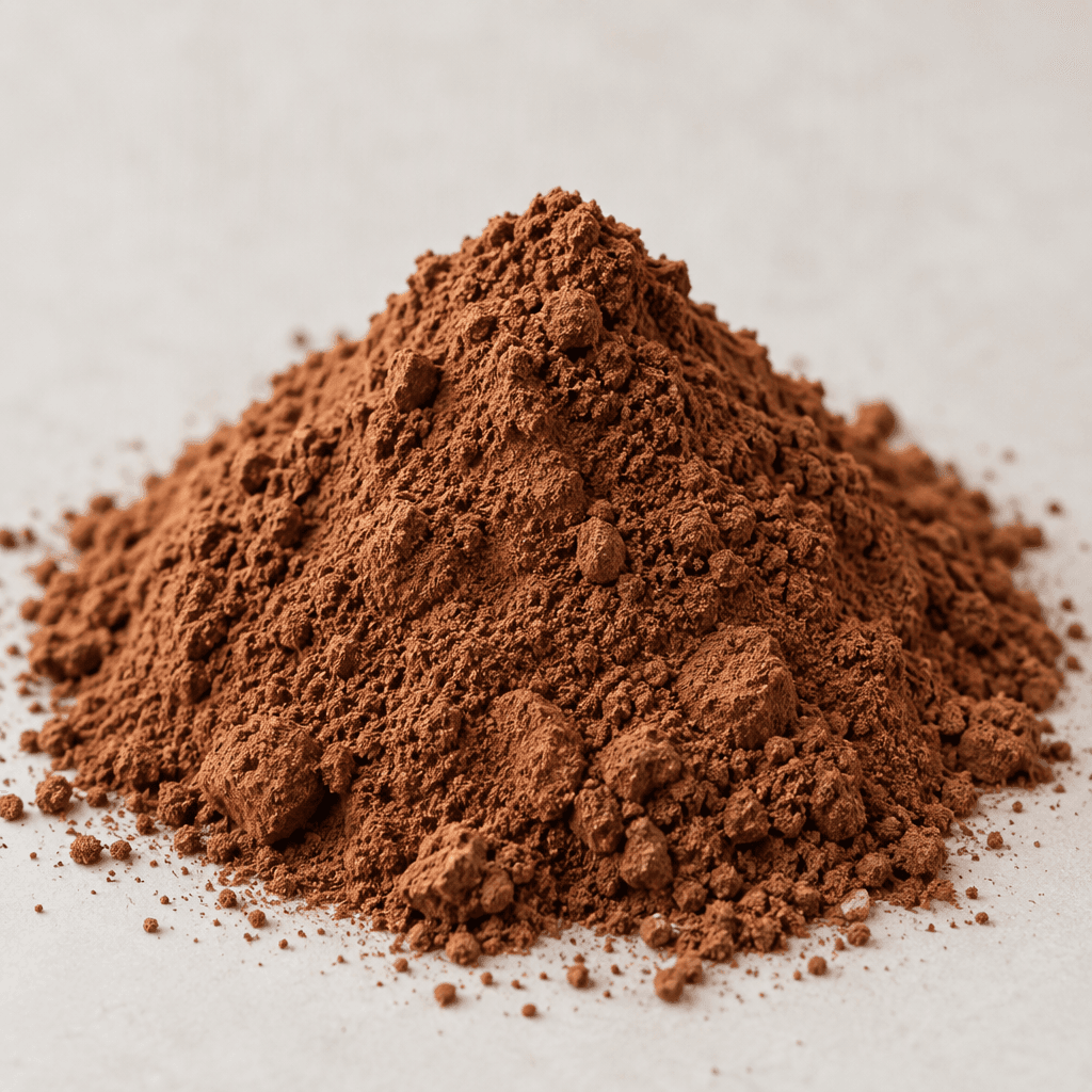 A mound of fine, cocoa-brown powder with a soft, slightly clumpy texture.