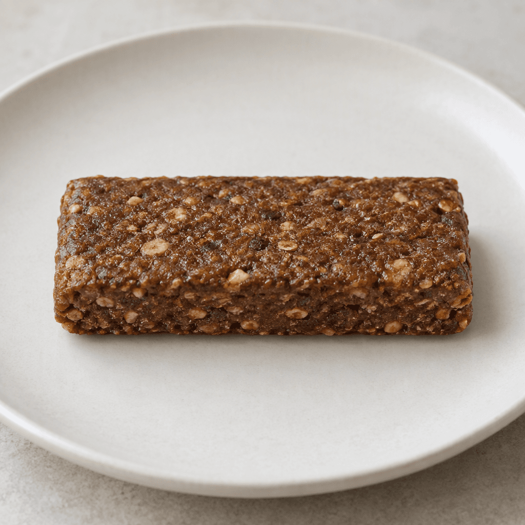 A compact, rectangular protein bar with a dense, slightly uneven brown surface and small textured flecks, shown whole on a plain plate.