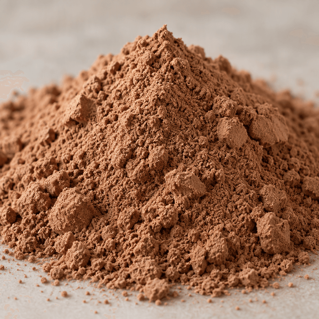Fine light-brown chocolate-colored powder forms a soft, slightly clumped mound.