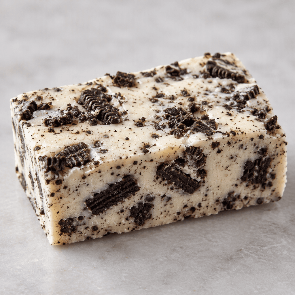 A compact rectangular bar with a pale cream-colored surface speckled with dark cookie crumbs and chunks.