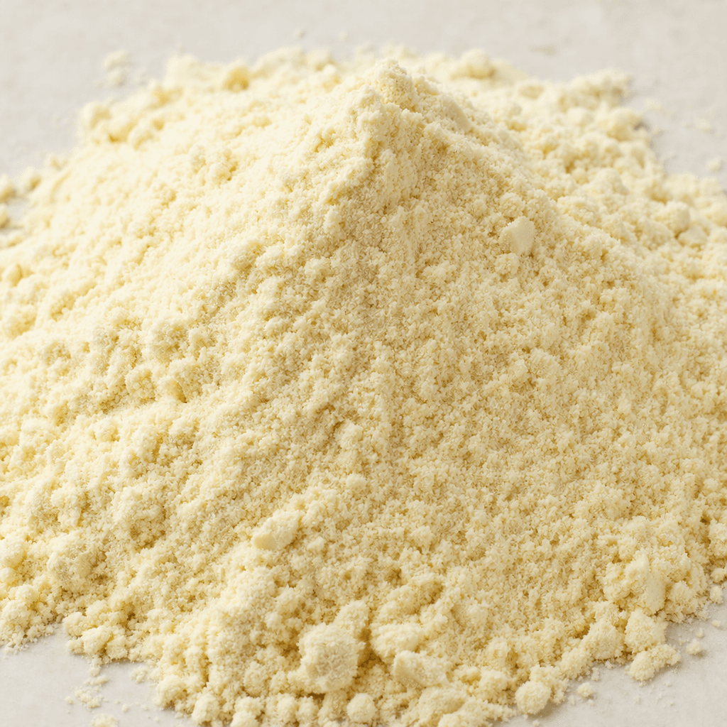 Açık krem rengindeki ince protein tozu, hafif taneli ve yumuşak dokusuyla küçük bir yığın halinde duruyor.