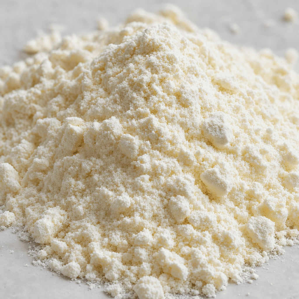 Yumuşak dokulu, yer yer hafif topaklanmış, açık krem renkli ince protein tozu yığını.