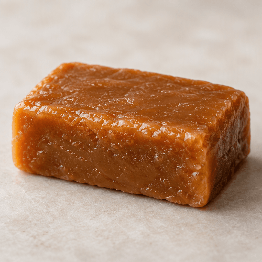 A compact, rectangular caramel-brown bar with a dense, slightly glossy surface and softly rounded edges, shown on its own.