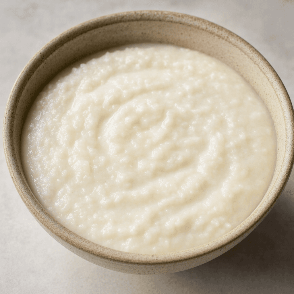 A bowl of thick, smooth cream-of-rice porridge, pale ivory in colour and evenly creamy with no visible toppings.