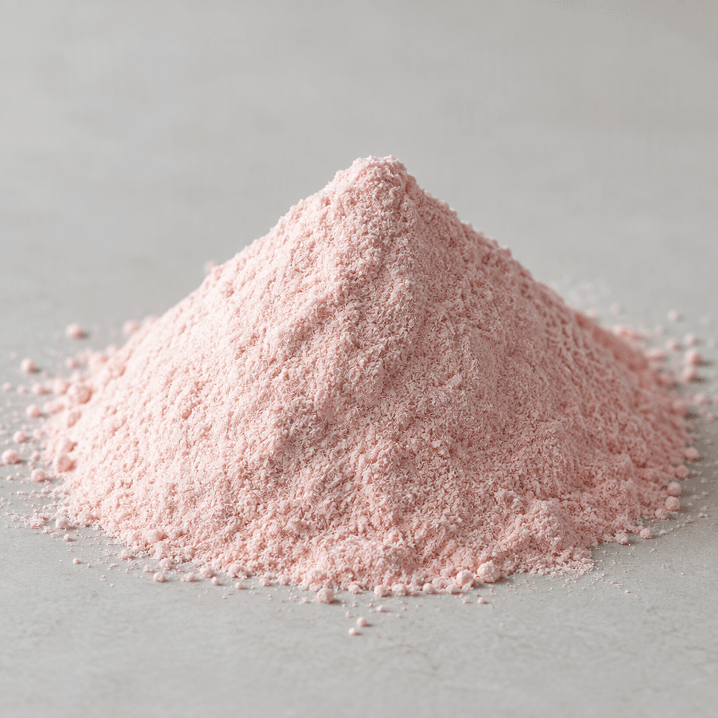 Kuru ve ince öğütülmüş, açık renkli pre-workout karışımı küçük bir yığın hâlinde duruyor.