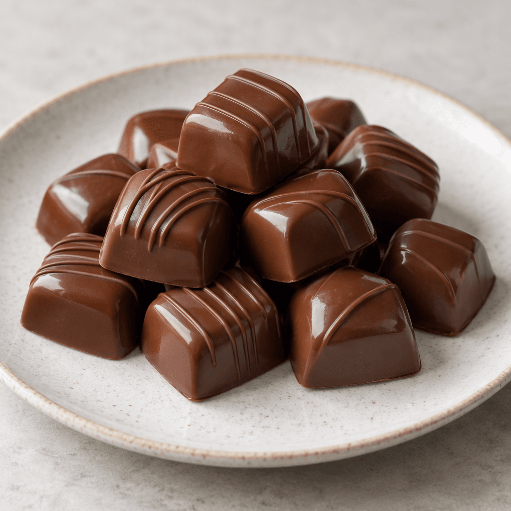 Small, glossy brown chocolate pieces with smooth surfaces are arranged on a plate.