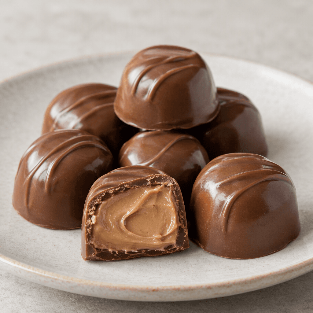 Glossy brown chocolate pieces are arranged on a plate, with one cut open to show a smooth, light-brown hazelnut cream filling.