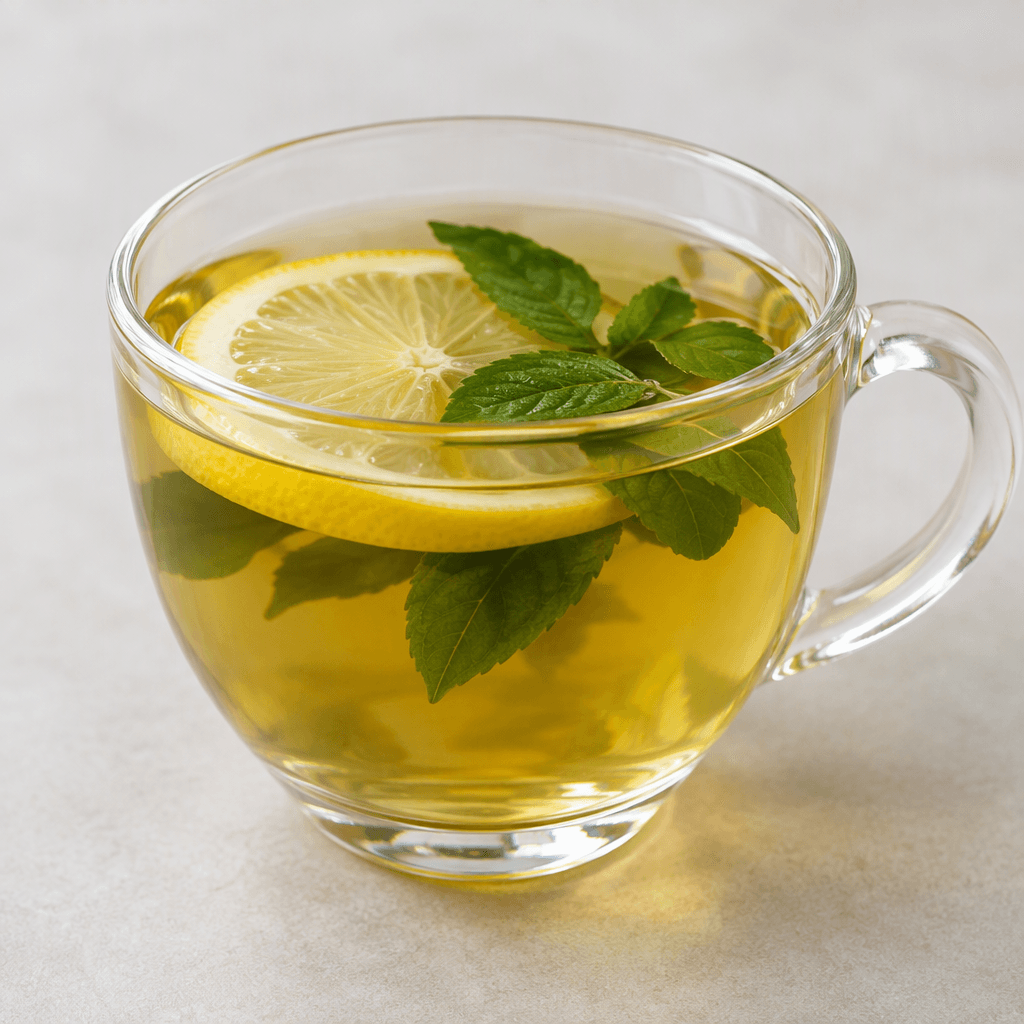 A clear glass cup holds translucent golden-green tea with a lemon slice and a few green leaves visible on the surface.
