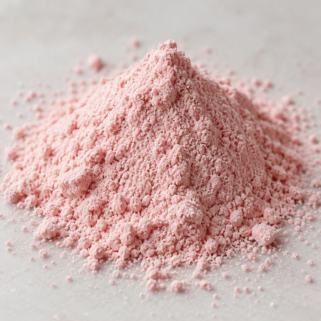 A pale pink, finely milled powder sits in a small loose mound, with a soft, even texture and a few scattered grains.