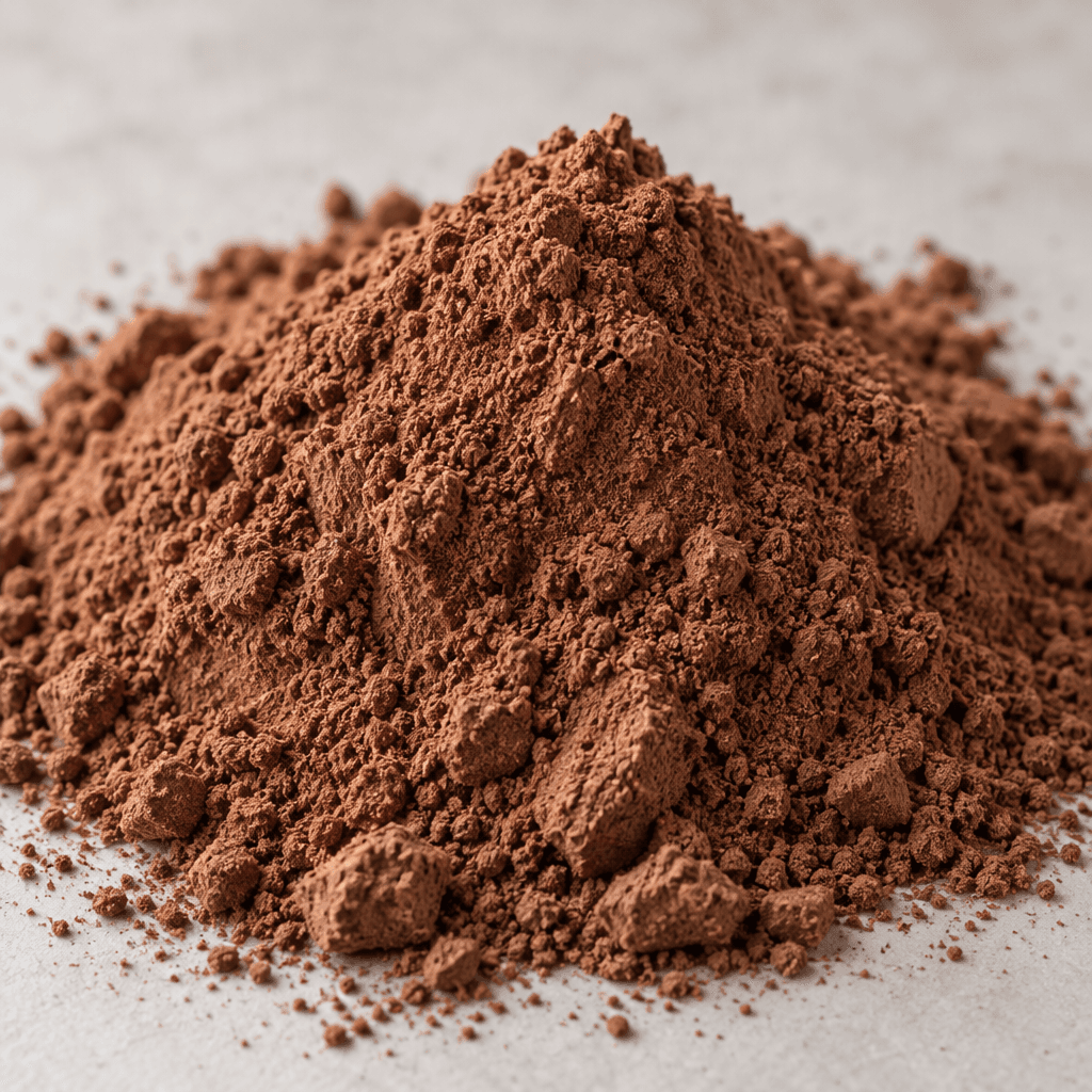 A mound of fine, cocoa-brown meal powder with a soft, slightly clumpy texture.