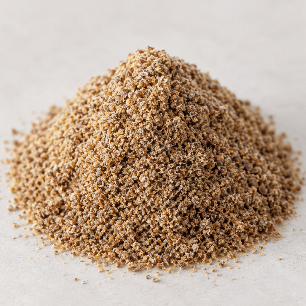 A small mound of finely ground flaxseed, tan to warm brown with darker speckles and a soft, slightly grainy powdery texture.