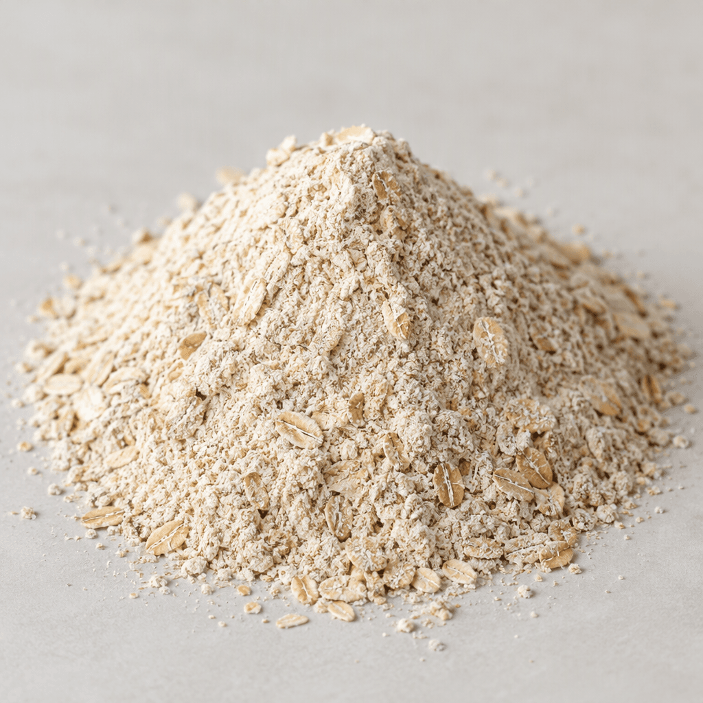 A small mound of pale beige ground oats sits loosely on a plain surface, with a fine flour-like texture mixed with tiny visible oat flakes.