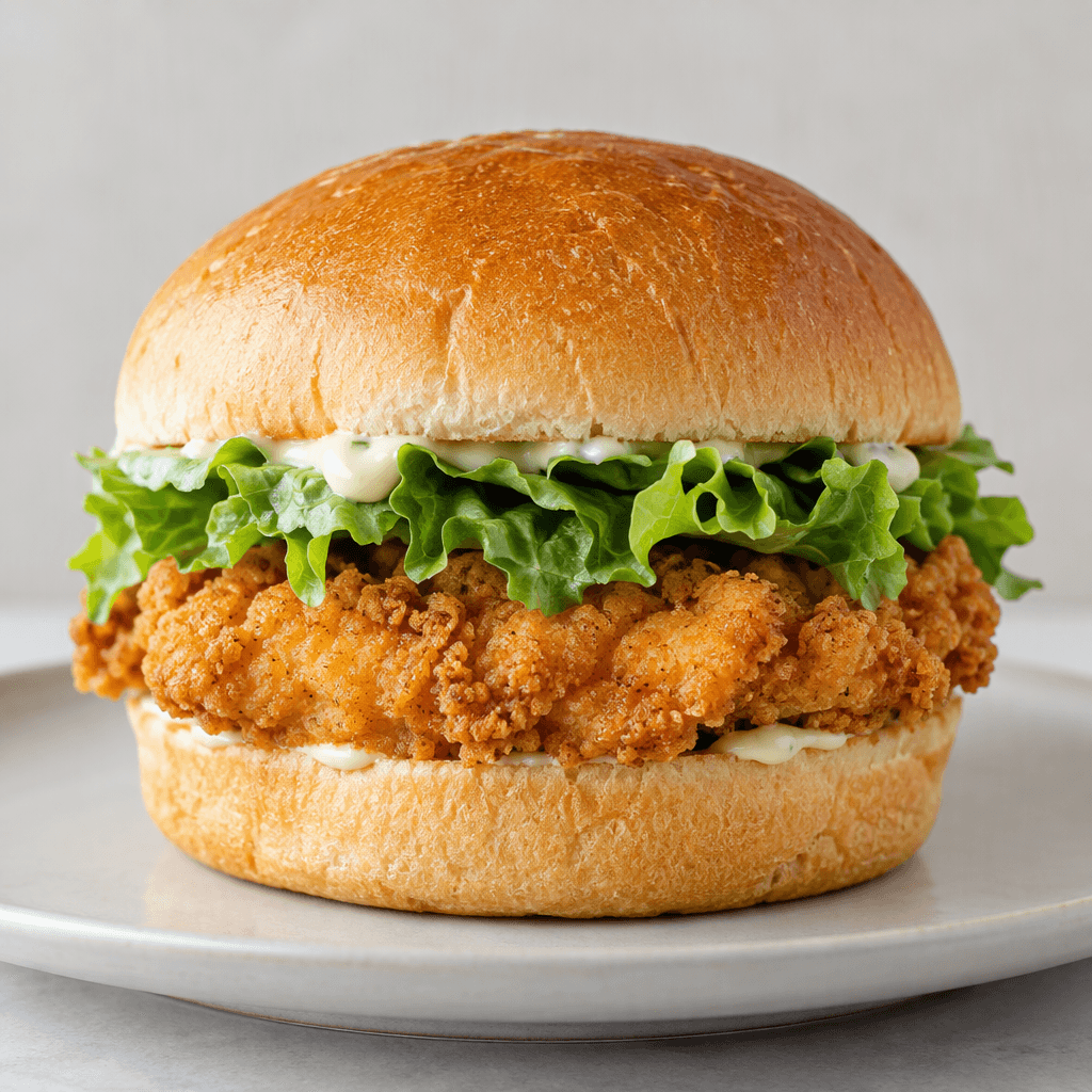 A round burger bun with a golden, craggy breaded chicken fillet inside, layered with green lettuce and a little pale sauce, shown cut-side forward on a plate.