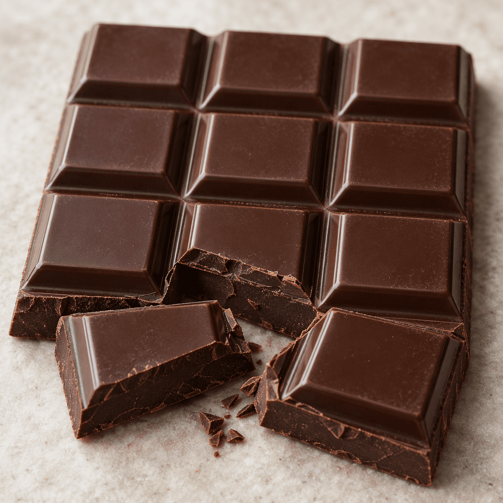 A deep brown, slightly glossy chocolate bar is divided into neat raised rectangular segments, with a few pieces broken off to reveal smooth, firm edges.