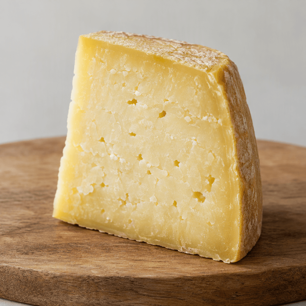 A firm wedge of aged cheese with a pale ivory to golden-yellow rind, a dense slightly crumbly interior, and a few small irregular holes, resting on a plain serving board.
