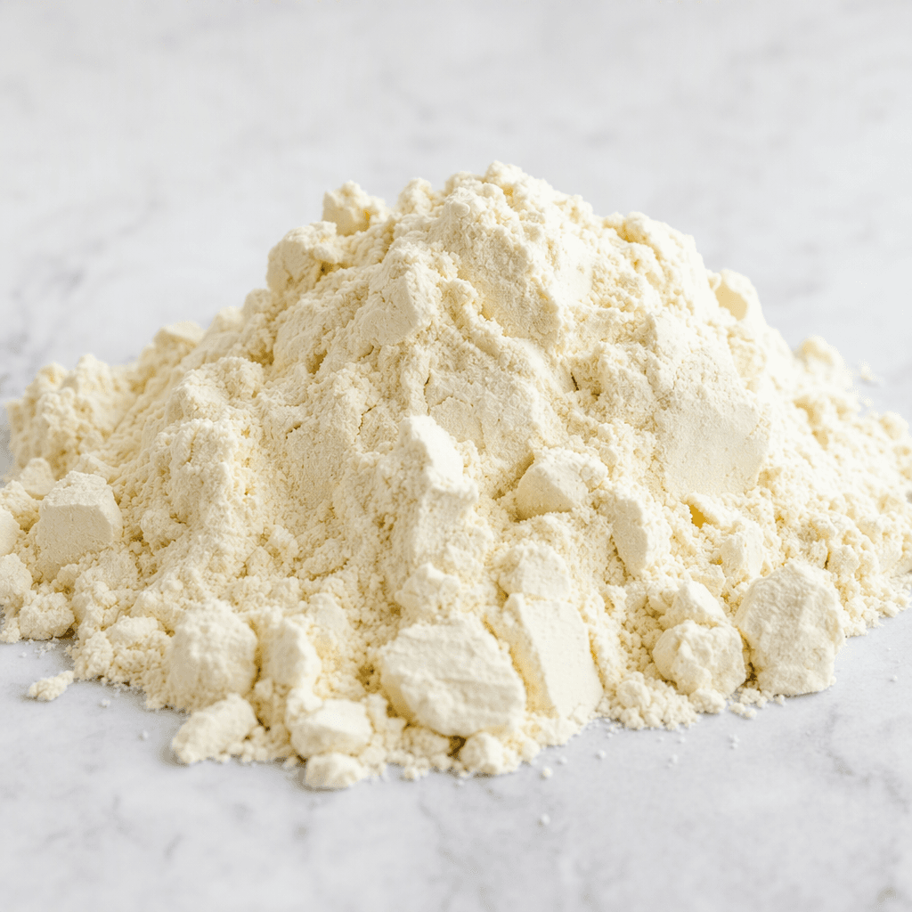 A small mound of fine, pale cream-colored protein powder with a soft, slightly clumping texture sits on a clean surface.