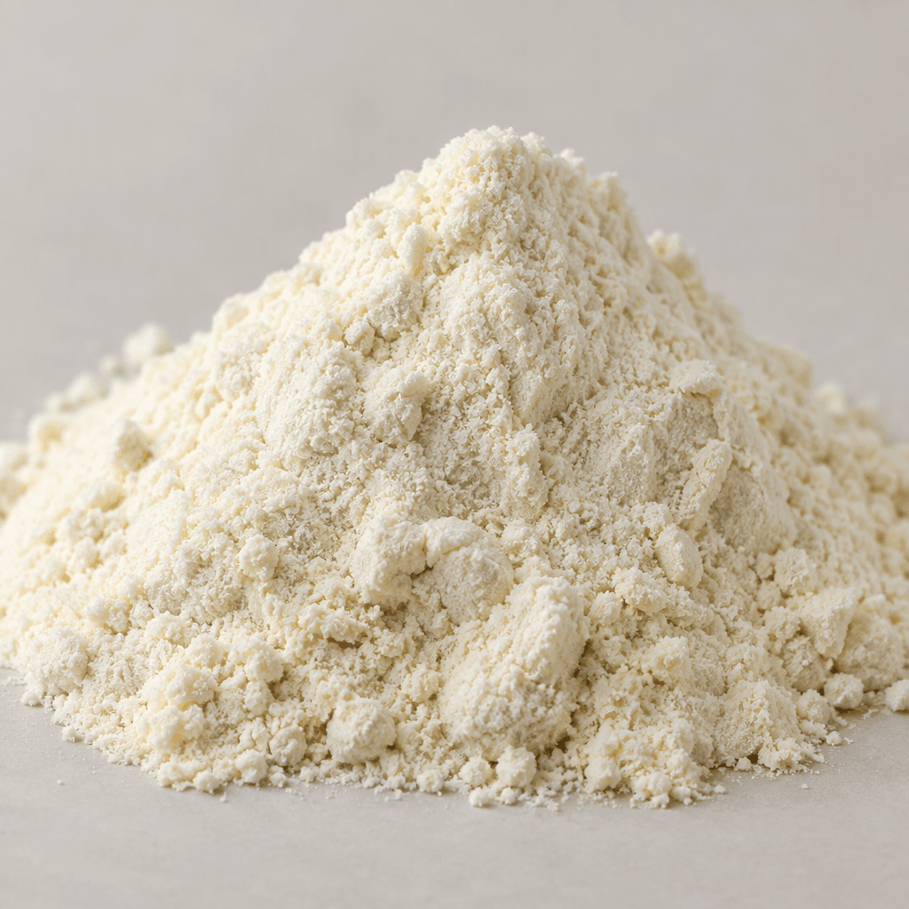 A mound of fine, pale cream-colored powder with a soft, slightly clumpy texture.