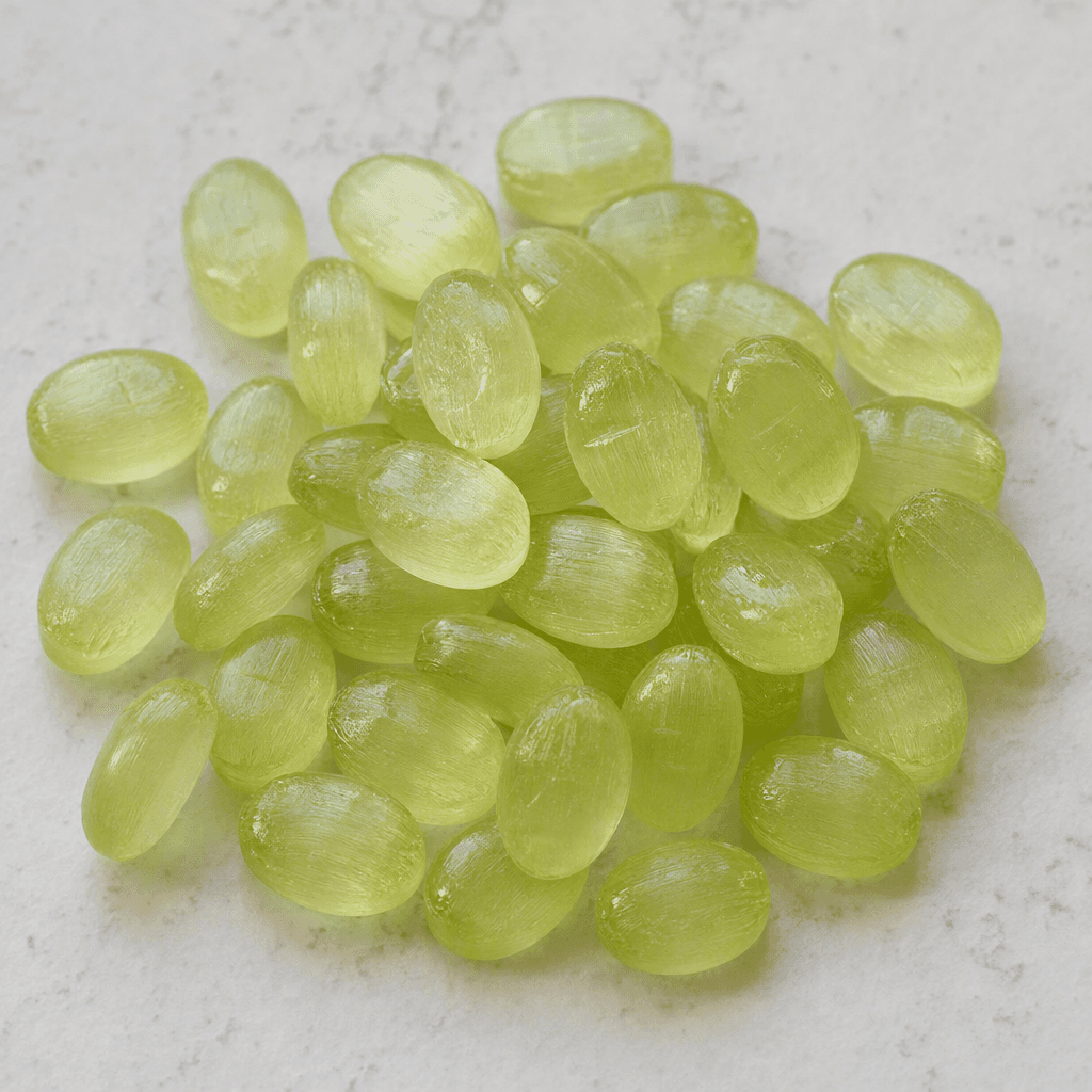 Small, smooth, translucent pale-green oval hard candies are scattered on a plain surface.