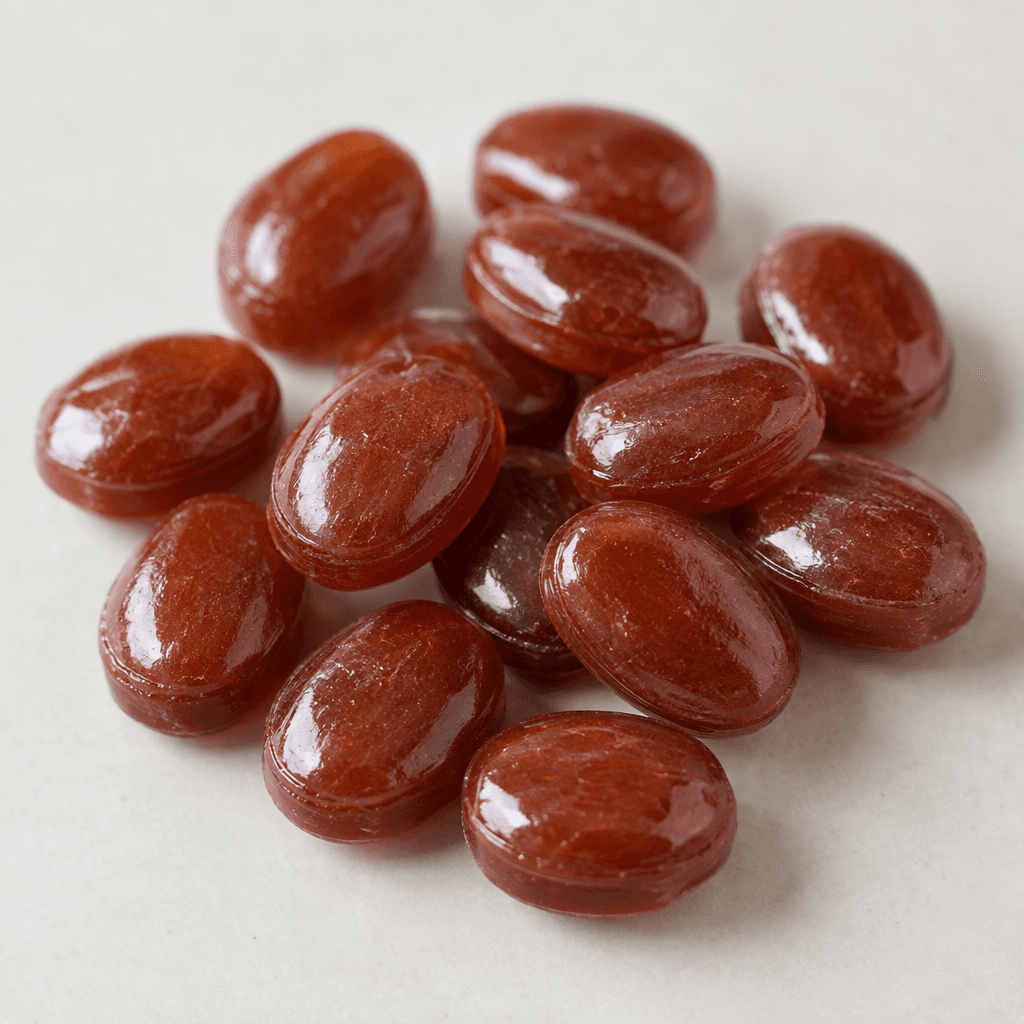 Düz bir yüzeye dağılmış, oval ve hafif yassı biçimli, pürüzsüz ve parlak kızıl kahverengi sert şekerler.