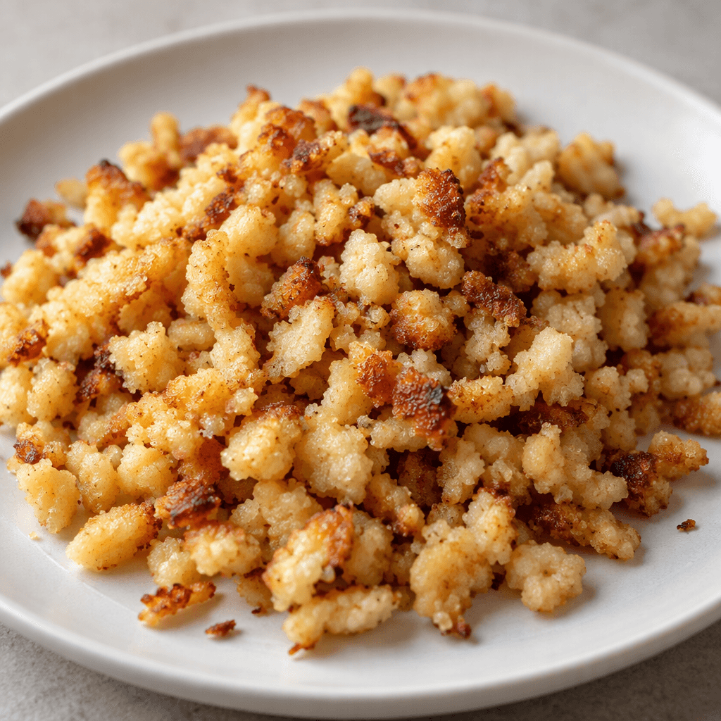A mound of small, irregular toasted flour-dough crumbs, mostly pale golden with a few deeper brown flecks, sits loosely on a plain plate with a slight buttery sheen.