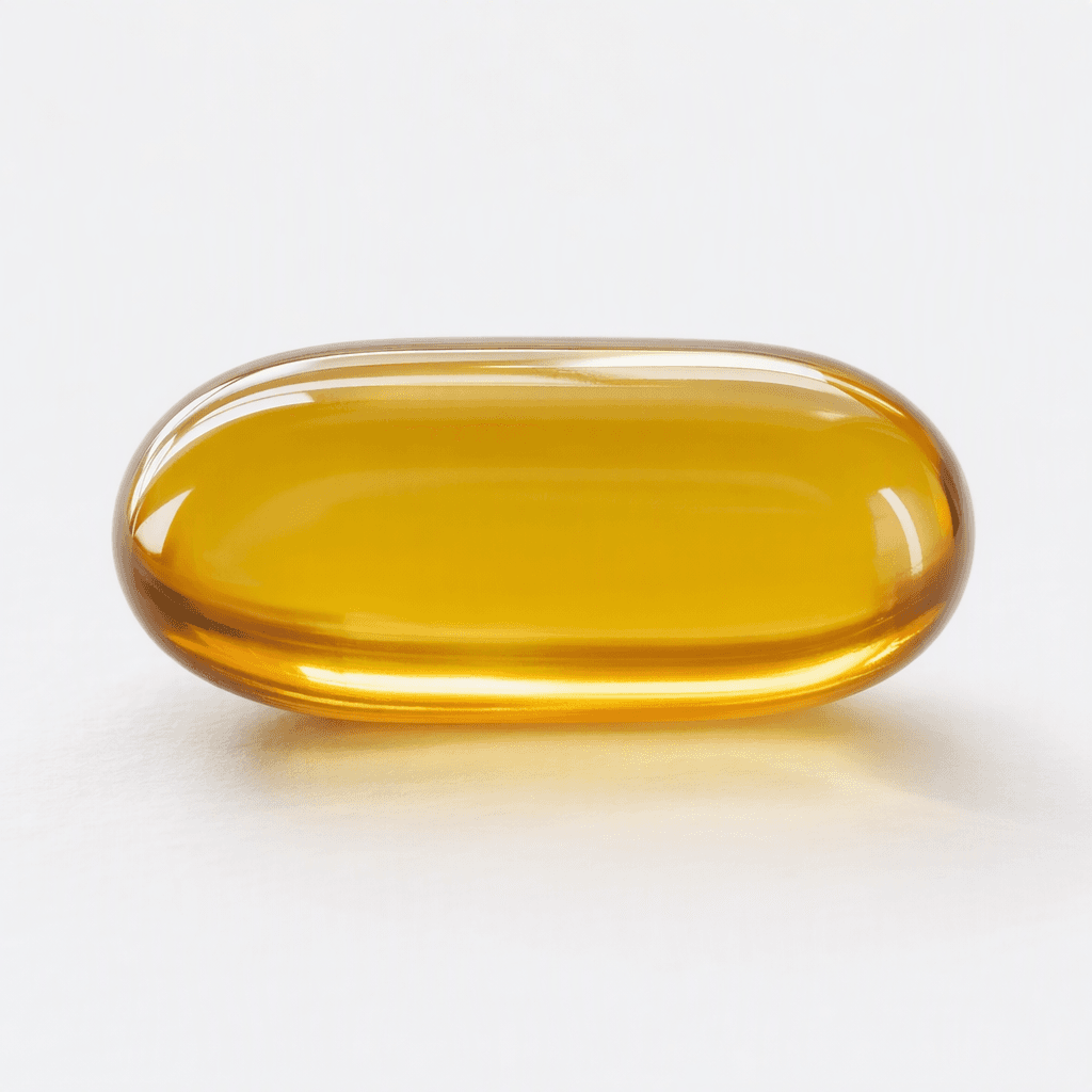 A smooth, translucent amber-gold oval capsule with rounded ends and a glossy surface, resting alone on a plain white surface.
