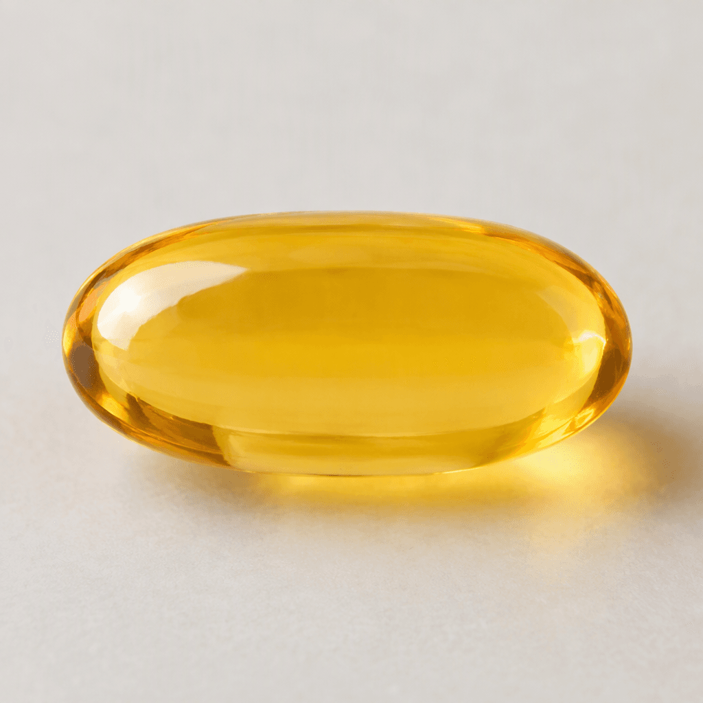A smooth, glossy, translucent golden-amber oval capsule with rounded ends.