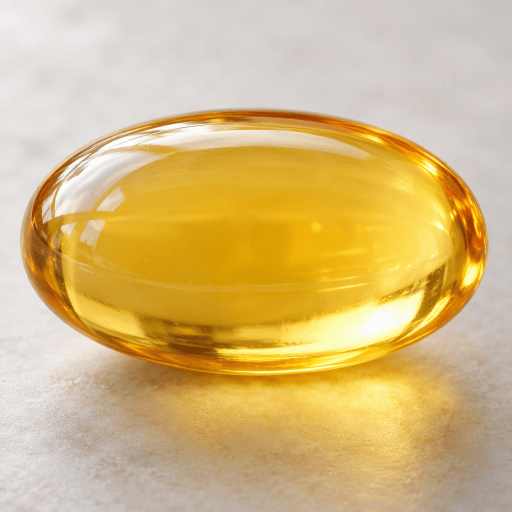 A large, smooth, translucent amber-gold oval softgel capsule with a glossy surface.