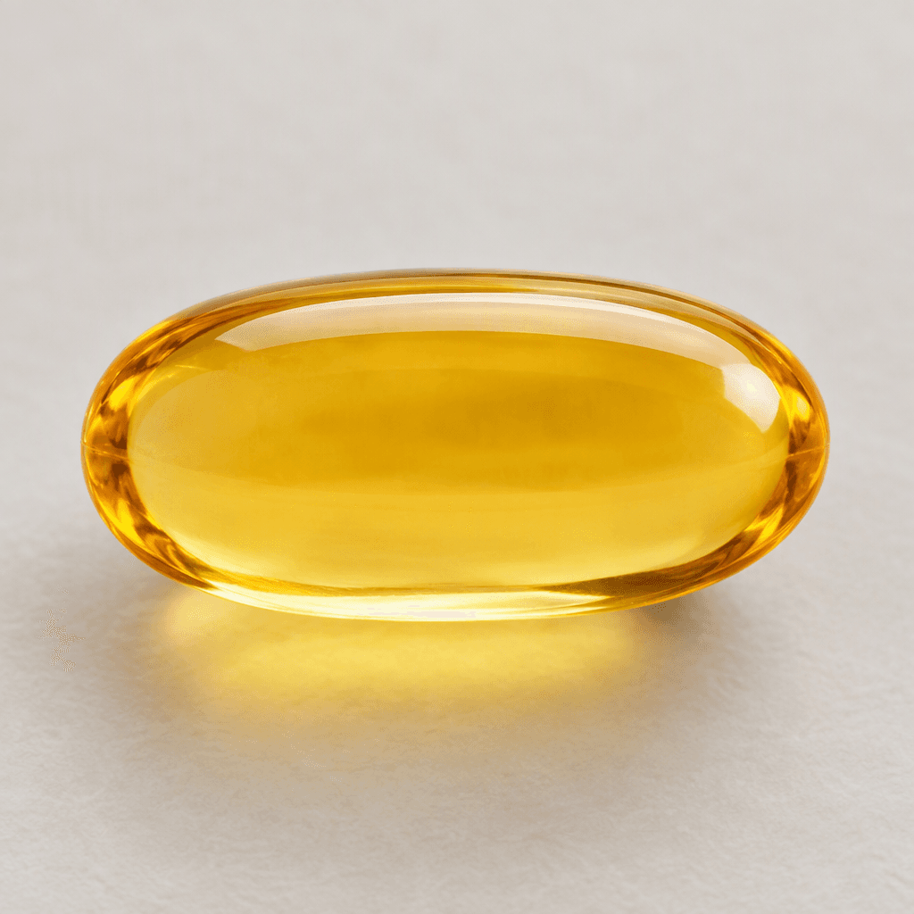 A smooth, glossy, translucent golden-amber oval softgel capsule with rounded ends.