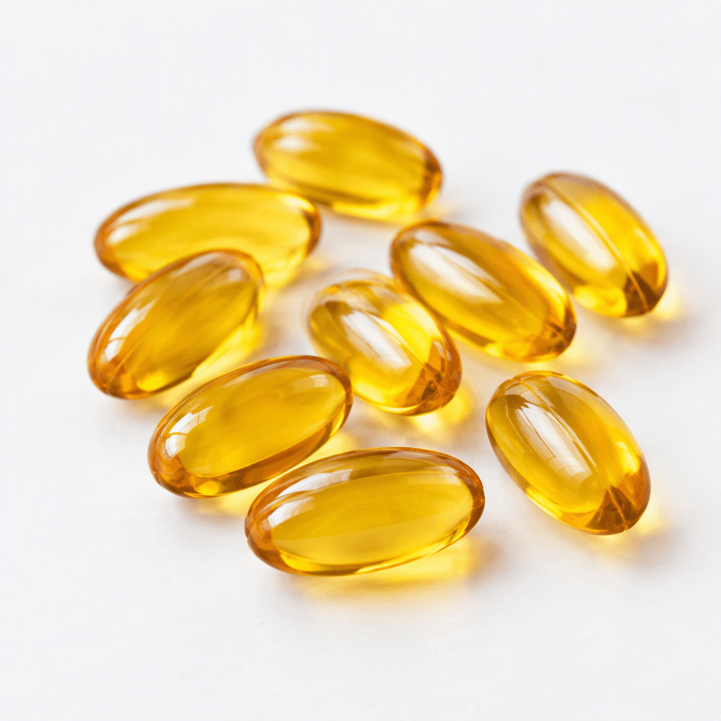 Several smooth, translucent golden-amber oval softgel capsules with glossy surfaces are scattered on a plain white surface.