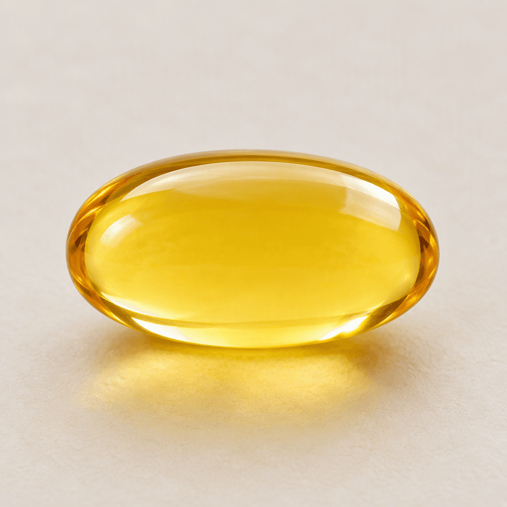 A smooth, translucent golden-yellow oval softgel capsule with a glossy surface.