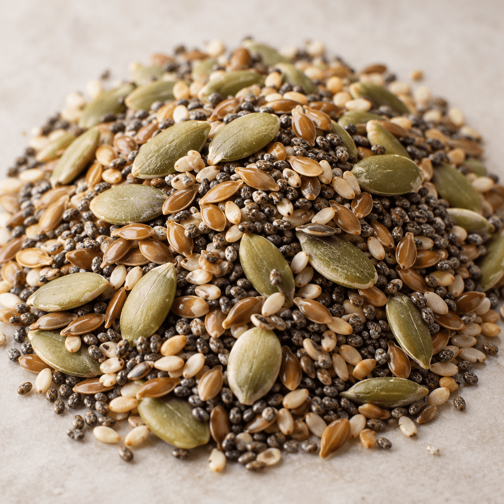 A loose mix of tiny black and golden-brown seeds with pale green, oval kernels, forming a lightly textured mound.
