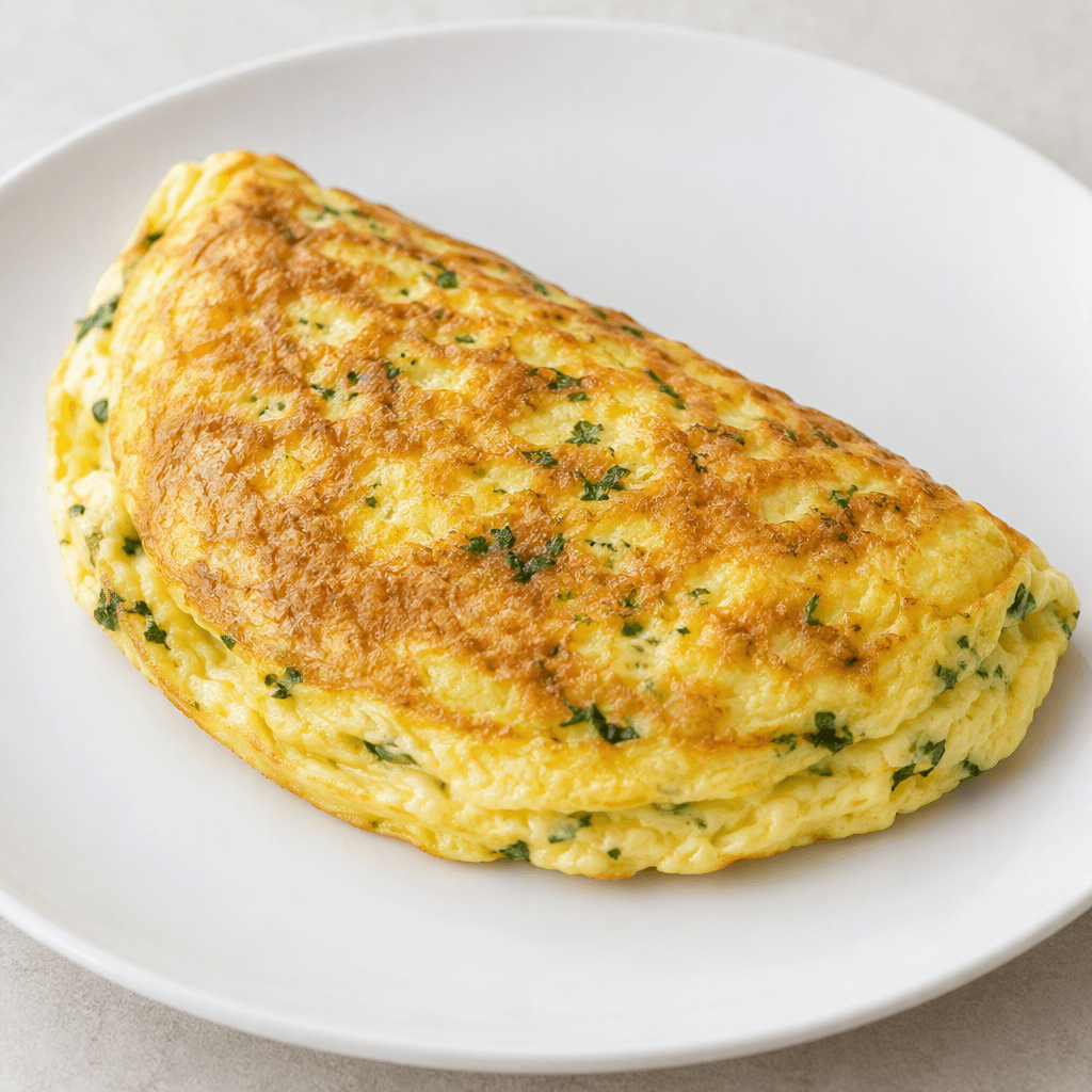 A thick, folded oval omelette with a lightly browned golden-yellow surface, soft pale-yellow edges, and a few visible green herb flecks, served on a plain white plate.