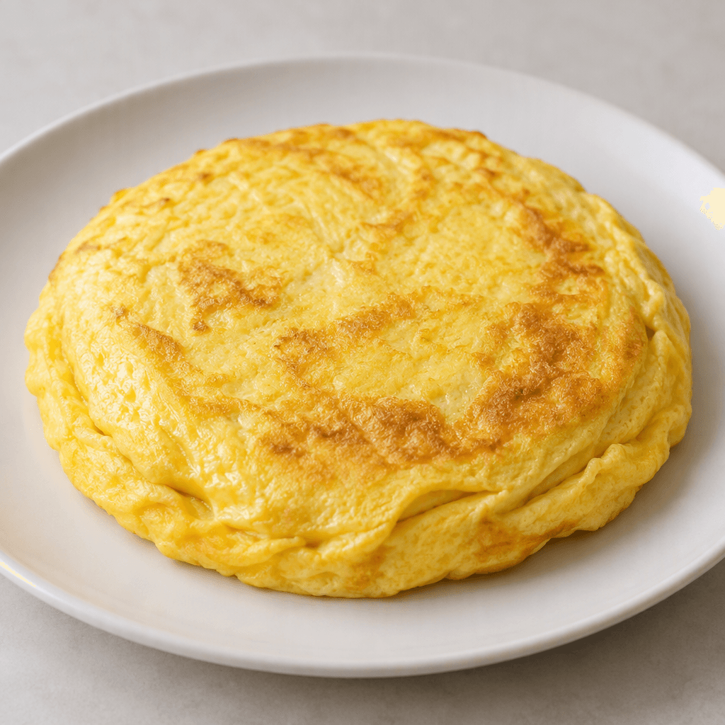 İki yumurtadan hazırlanmış, kalın ve yuvarlak bir omlet; pürüzsüz, hafifçe pişmiş sarı yüzeyi, yumuşak kıvrılmış kenarları ve yer yer belli belirsiz kızarmış lekeleriyle sade bir tabakta servis edilmiş.