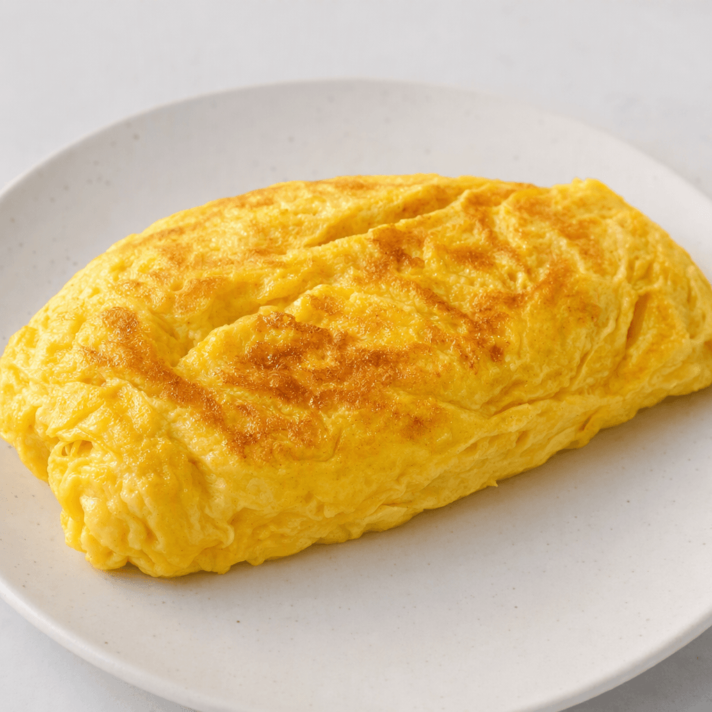 Tabakta bütün hâlde sunulan, hafifçe katlanmış, altın sarısı renkli; yüzeyi yer yer kızarmış, yumuşak ve hafif pürüzlü bir omlet.