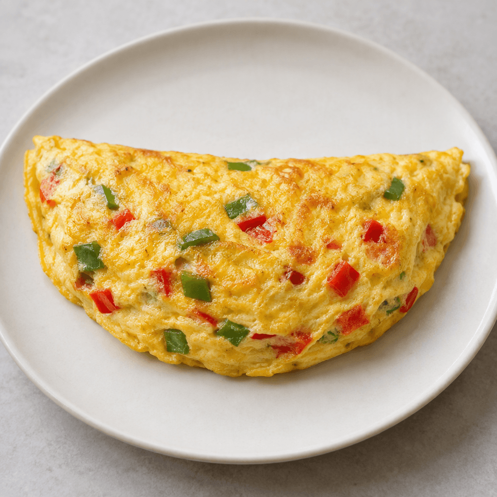A thick, softly set golden-yellow omelette folded into a half-moon, with visible green and red pepper pieces scattered through its surface, served on a plain plate.