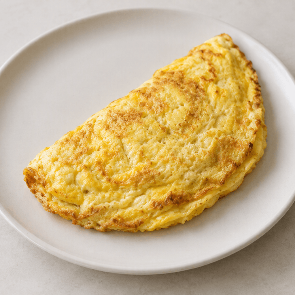 Açık altın sarısı yüzeyli, kenarları hafifçe kızarmış, yumuşak ve hafif pürüzlü dokulu, iki yumurtalı oval bir omlet sade bir tabakta katlanmış olarak servis edilir.