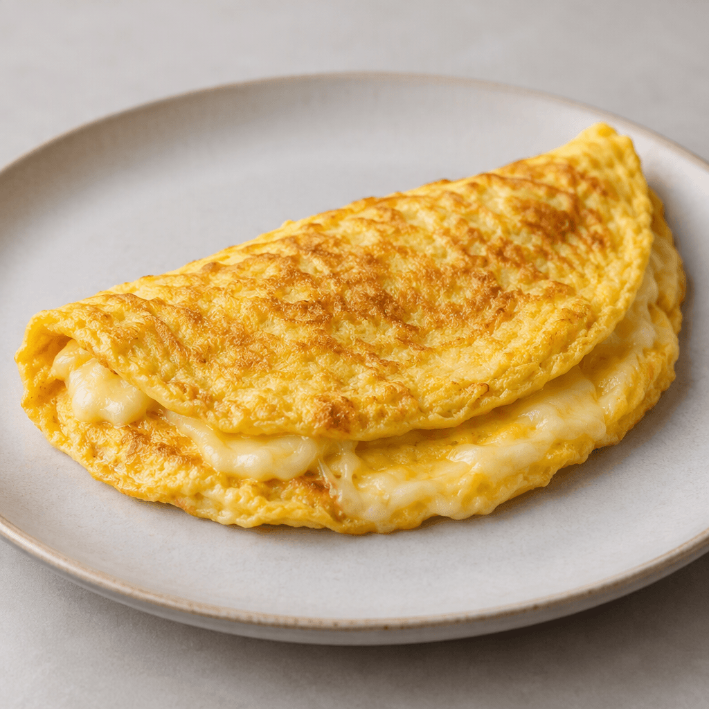 A softly folded, golden-yellow omelette sits on a plate, with pale straw-yellow melted kaşar cheese visible between its layers and along the cut edges.