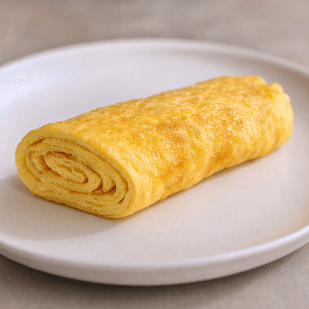 İnce, altın sarısı omlet düzgünce sarılarak dürüm şekli verilmiş; kesik ucunda yumuşak, katmanlı içi görünen bu dürüm bir tabakta servis edilmiş.