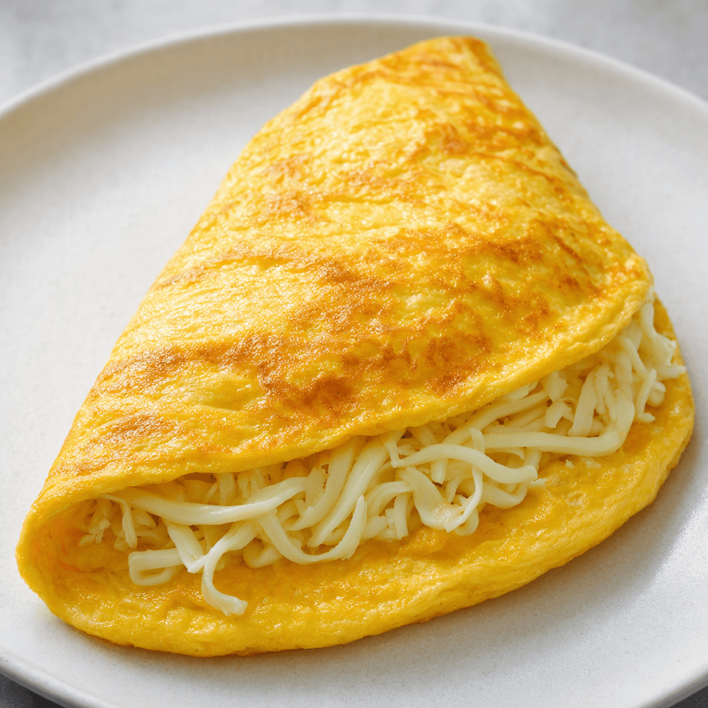 Tabakta altın sarısı, katlanmış bir omlet duruyor; ortasındaki yumuşak beyaz tel peynirin birkaç ince lifi kenardan dışarı taşıyor.