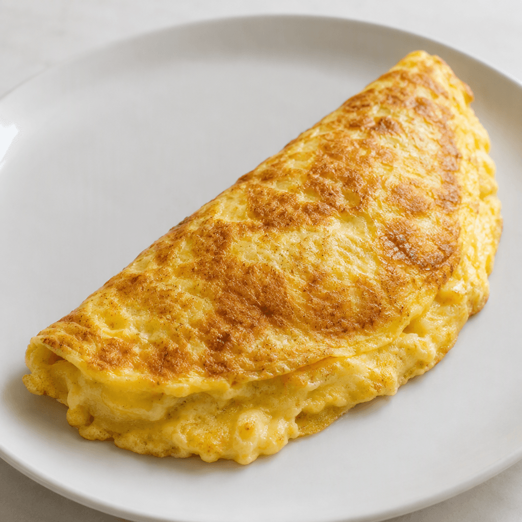 Açık renkli bir tabakta servis edilen, yüzeyi hafifçe kızarmış altın sarısı renkte, kalın ve yumuşak dokulu, yarım ay biçiminde katlanmış bir omlet.