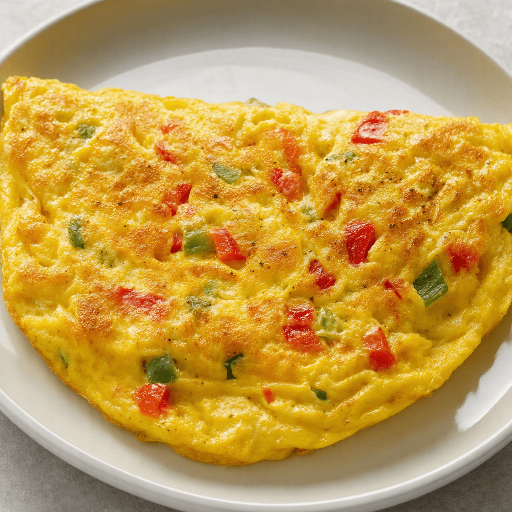 Tabakta servis edilen, içinde kırmızı ve yeşil biber parçaları görünen, yumuşak dokulu altın sarısı bir omlet.