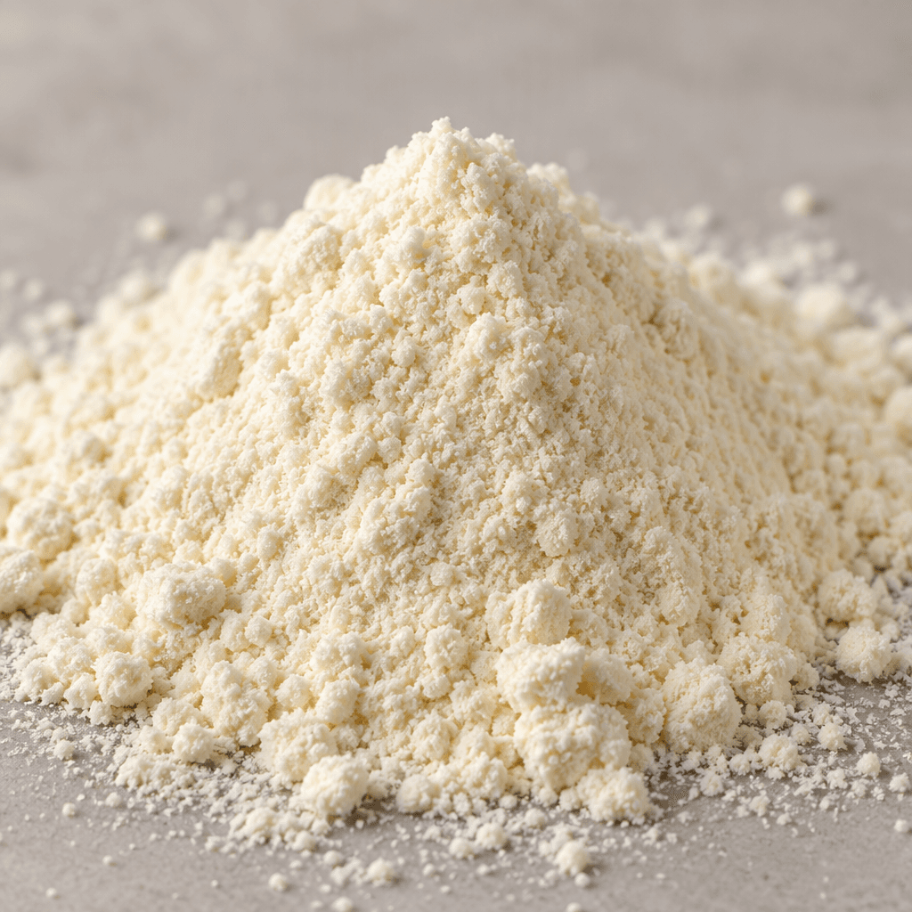 A fine, loose, pale cream-colored powder gathered in a small mound, with a soft, slightly granular texture.