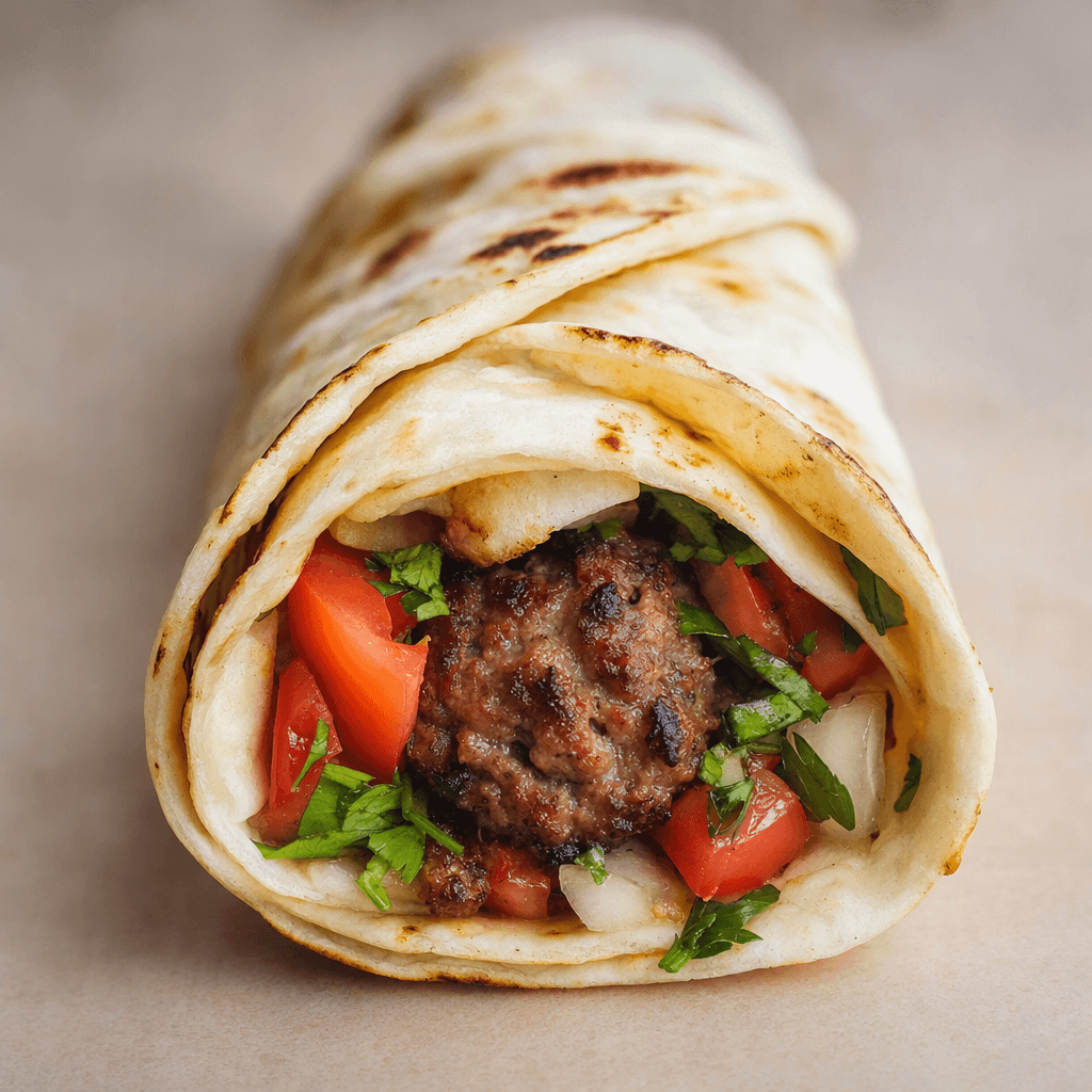 A thin, lightly browned flatbread is rolled around browned minced-meat kebab, with visible pieces of tomato, onion and green herbs peeking from the open end.