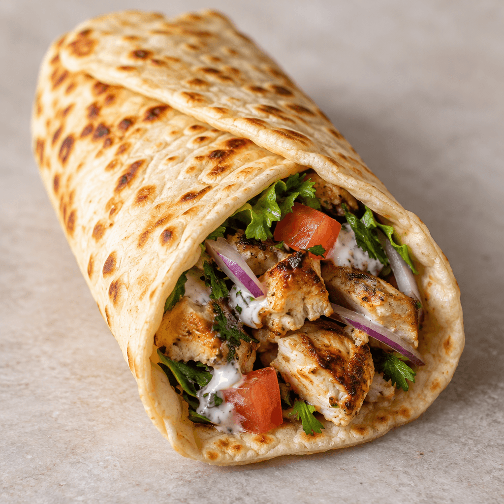 A thin, lightly browned flatbread folded into a compact wrap, with a little of its chopped filling visible at the open end.