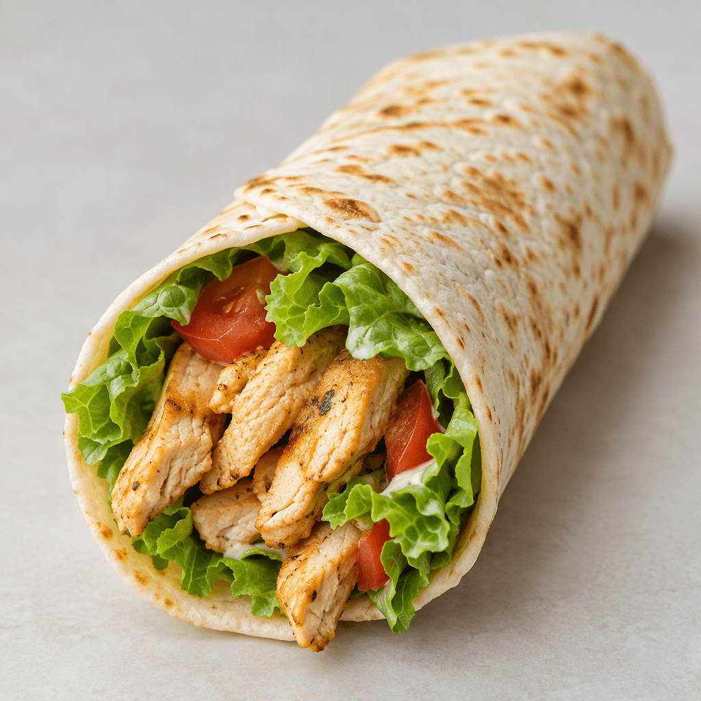 A soft, lightly browned flatbread is rolled around pale golden chicken strips, with green lettuce and small pieces of red tomato visible at the open end.
