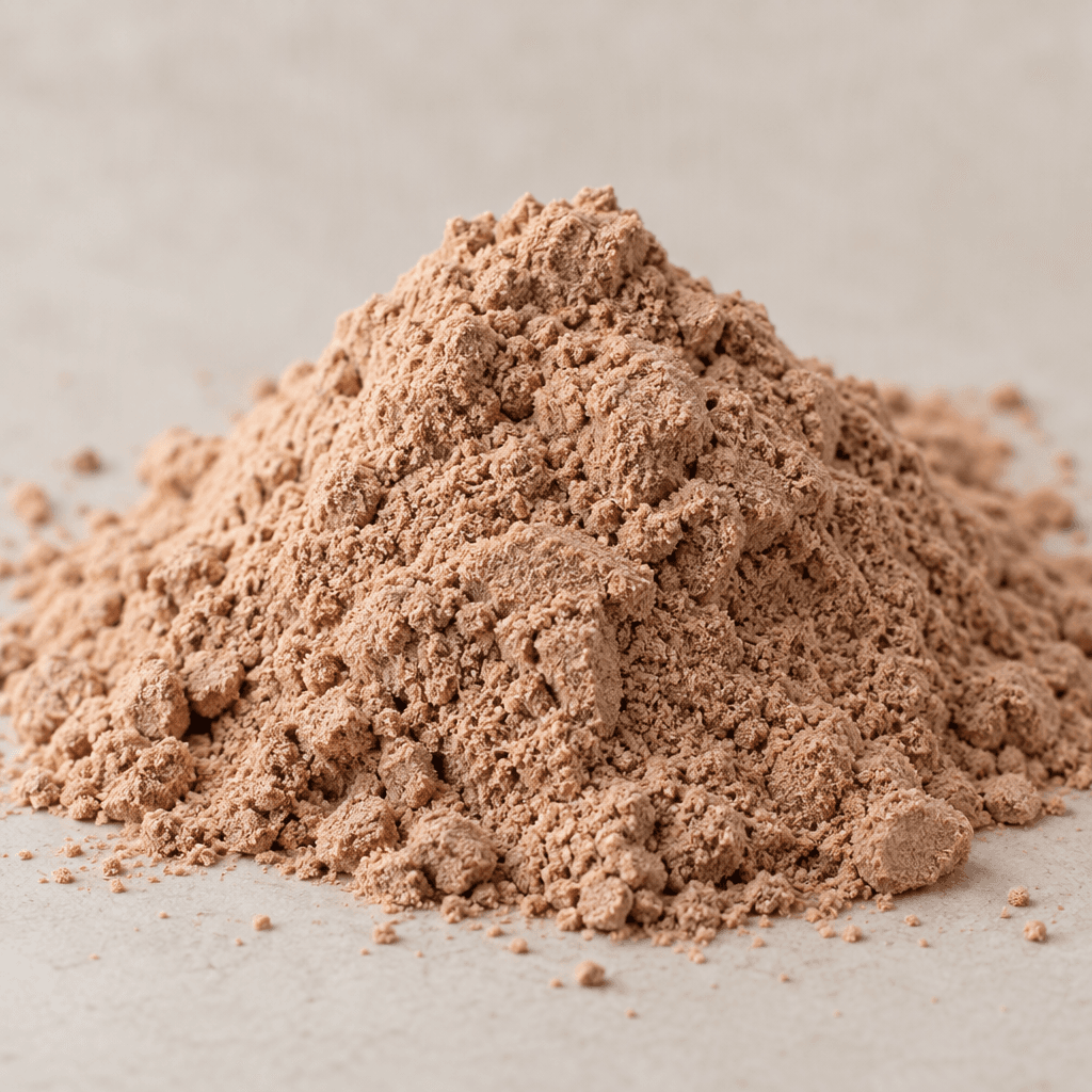 Fine, light-brown chocolate whey protein powder sits in a soft mound, with a few loose grains scattered around it.