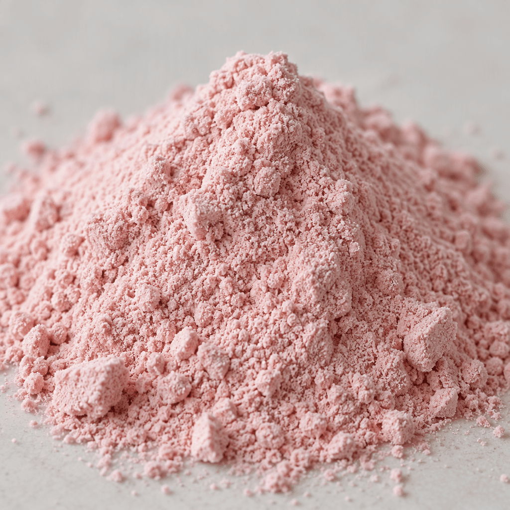 Fine, pale pink strawberry-flavoured protein powder with a soft, dry, slightly grainy texture, gathered in a small mound.