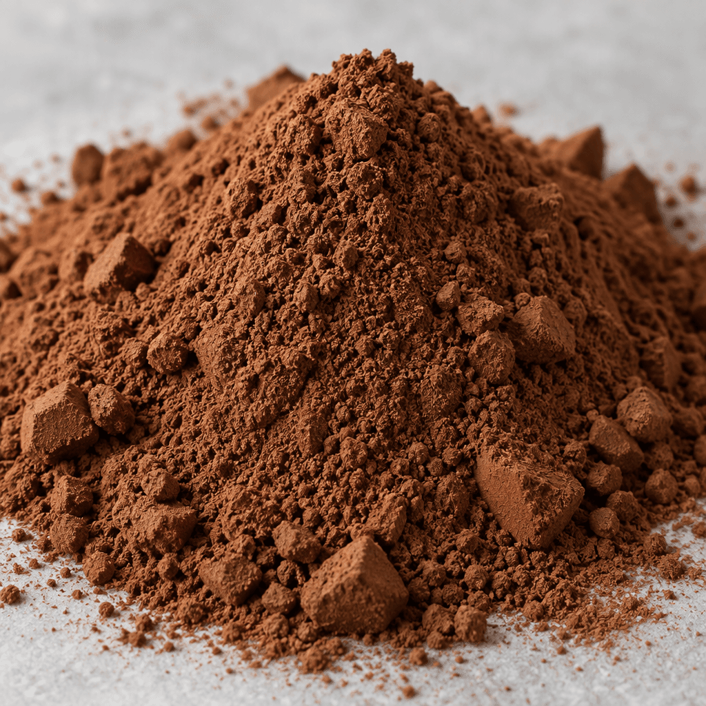 A mound of fine, cocoa-brown powder with a soft, dry texture and a few small clumps.